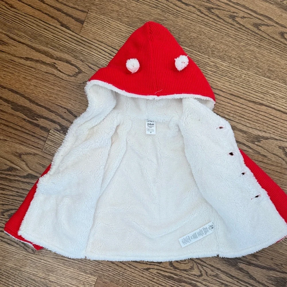 Carters Red Knit Button Coat Baby Sherpa Hooded Size 12M